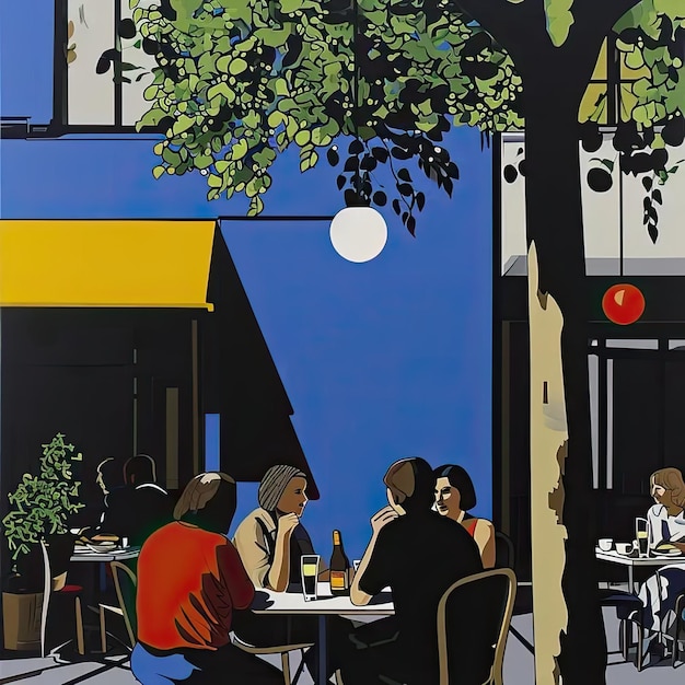 Una pintura de personas sentadas en una mesa bajo un árbol