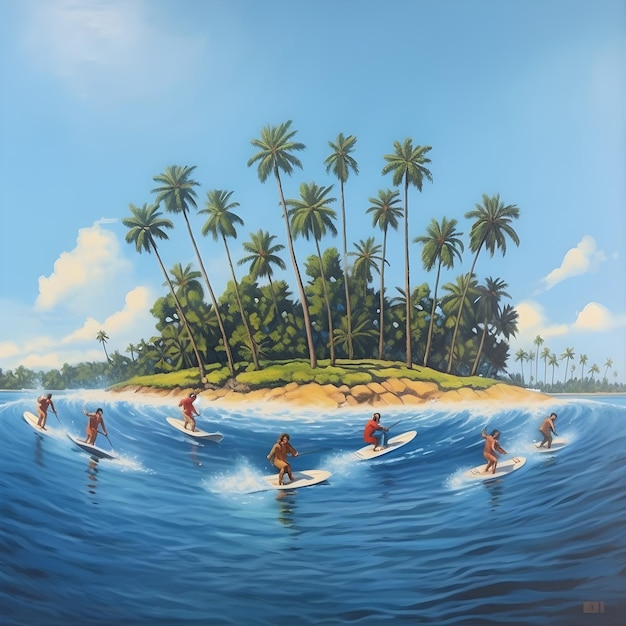 Una pintura de personas en tablas de surf frente a una isla tropical.