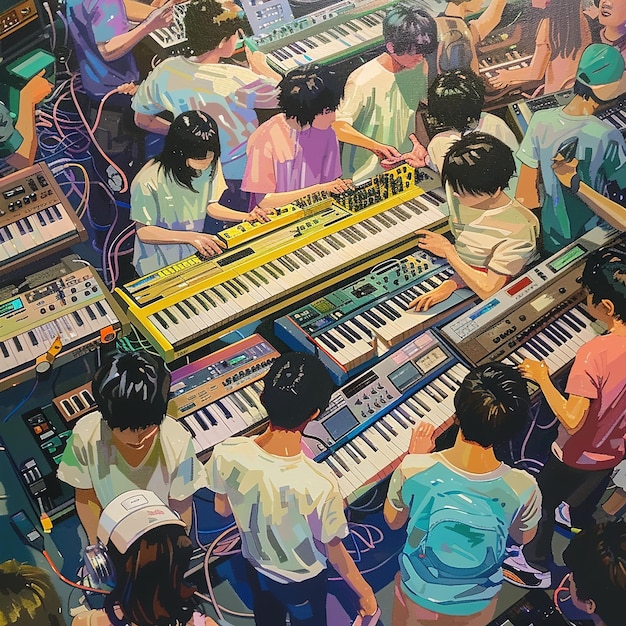 una pintura de personas tocando un teclado con la palabra piano en él