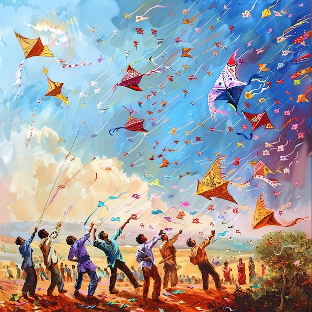 una pintura de personas volando cometas