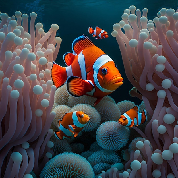 Una pintura de un pez con un arrecife de coral al fondo.