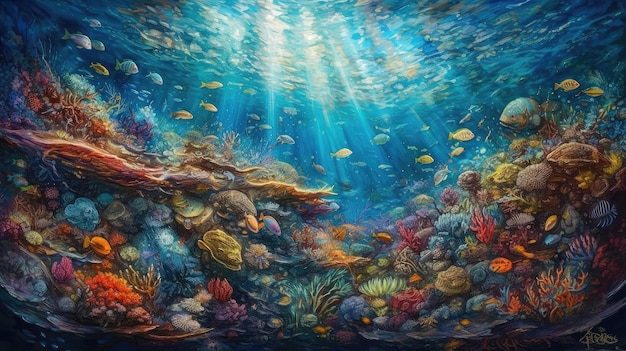 Una pintura de un pez y un arrecife de coral.