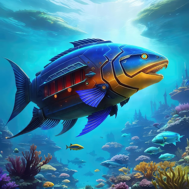 Una pintura de un pez azul y amarillo.