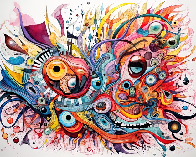 una pintura de un pez colorido con una gran cara y una gran cara colorida.