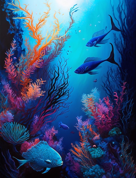 Una pintura de un pez y corales.