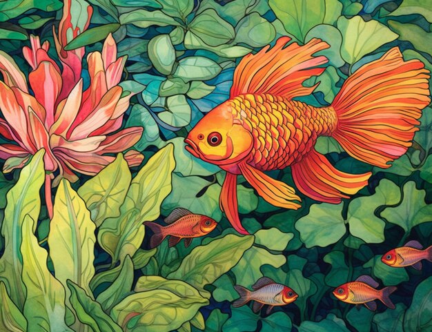 Foto pintura de un pez dorado y una flor en un jardín generativo ai