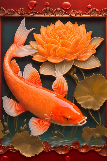Pintura de un pez koi y una flor generativa ai.