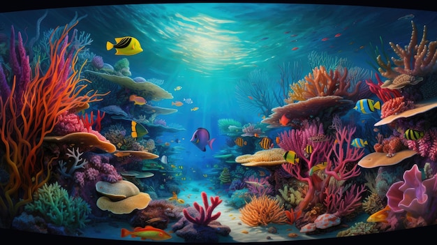 una pintura de un pez nadando bajo un arrecife de coral con el sol brillando a través del agua.