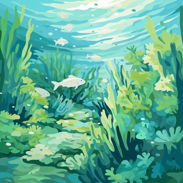 Una pintura de un pez nadando en el océano
