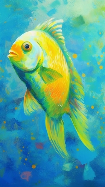 Una pintura de un pez que está sobre un fondo azul.