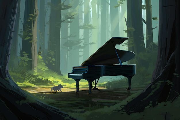 pintura de un piano de cola en un bosque verde