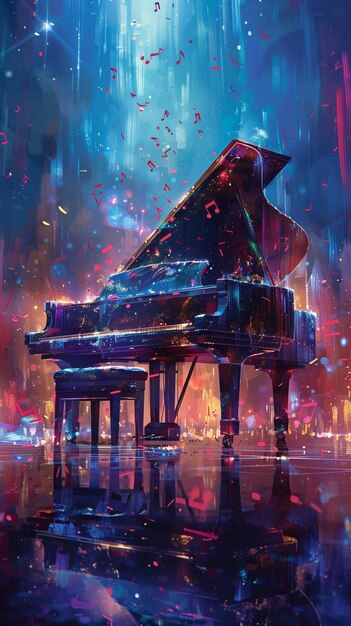 pintura de un piano de cola en una ciudad por la noche generativo ai
