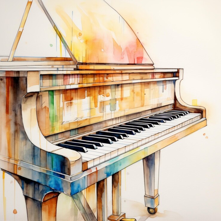 pintura de un piano de cola con un colorido efecto de acuarela generativo ai