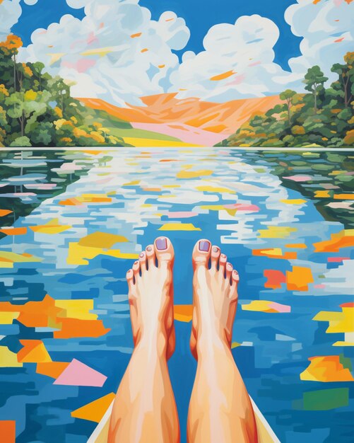 pintura de pies en un barco con un lago y montañas en el fondo generativo ai