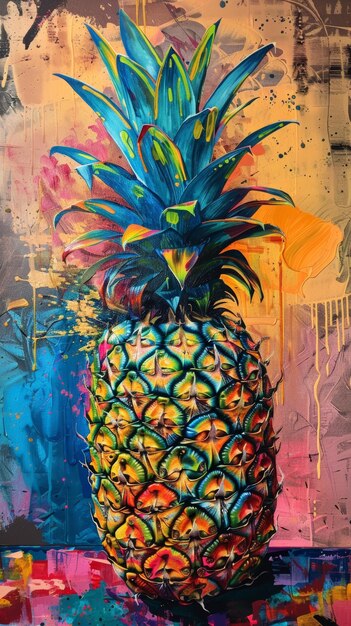 Foto pintura de piña colorida sobre un fondo abstracto