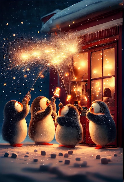 Una pintura de pingüinos con bengalas encendidas