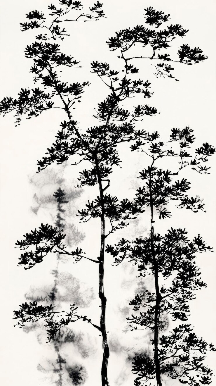 Foto pintura de pinos con tinta blanca y negra