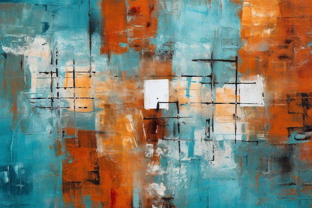 Una pintura de una pintura abstracta azul y naranja con un cuadrado blanco en el medio.