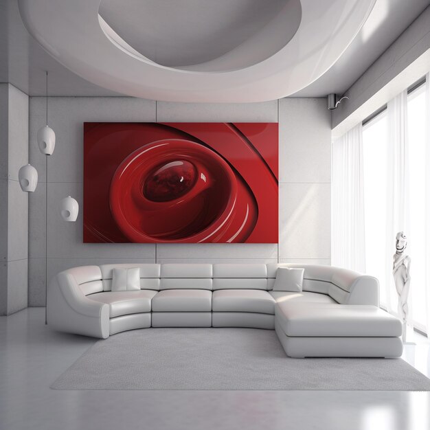 una pintura de una pintura abstracta roja está en la pared sobre un sofá blanco