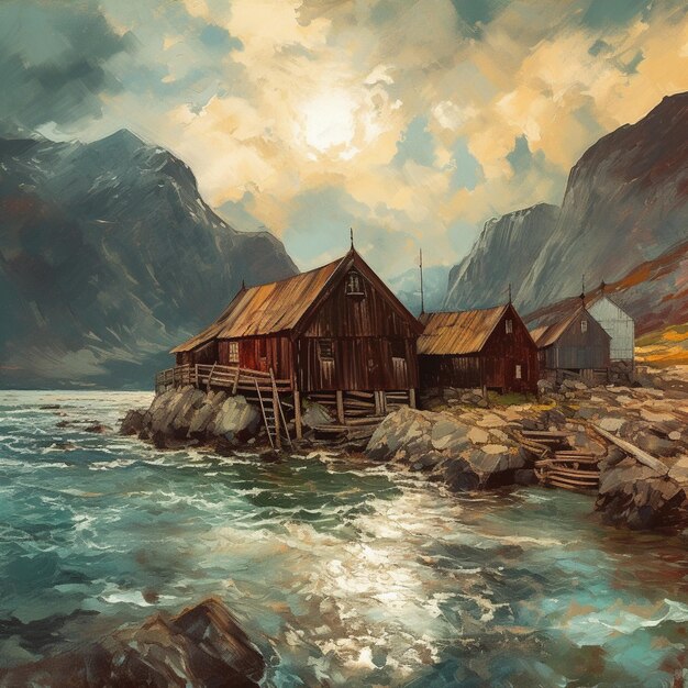 Pintura de una pintura de una casa de botes en una orilla rocosa generativa ai