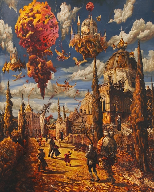 pintura de una pintura de una ciudad con un grupo de personas volando en el cielo generativo ai