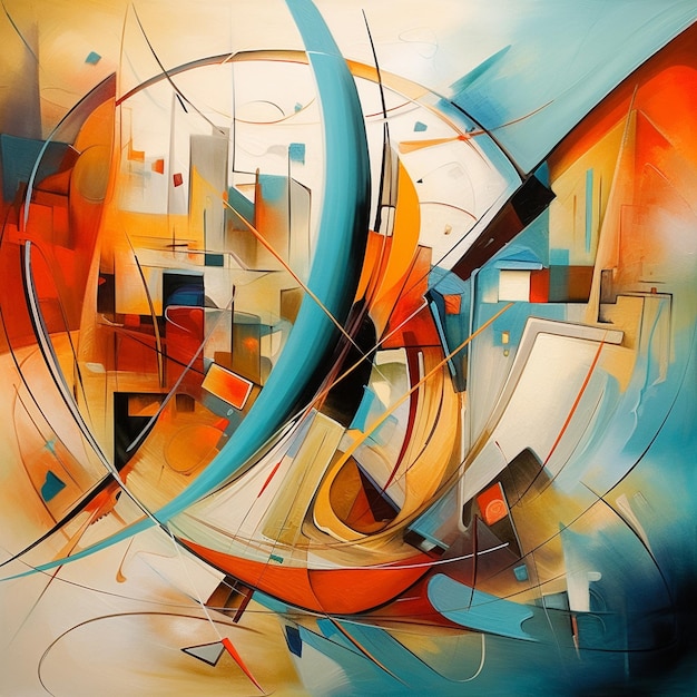 Pintura de una pintura de un diseño abstracto colorido con un ai generativo de círculo azul y naranja