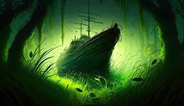 Una pintura de un piratebship en un campo verde