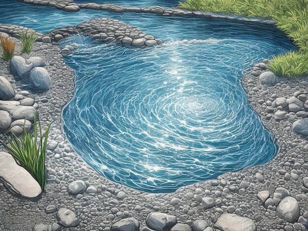 una pintura de una piscina con agua y rocas