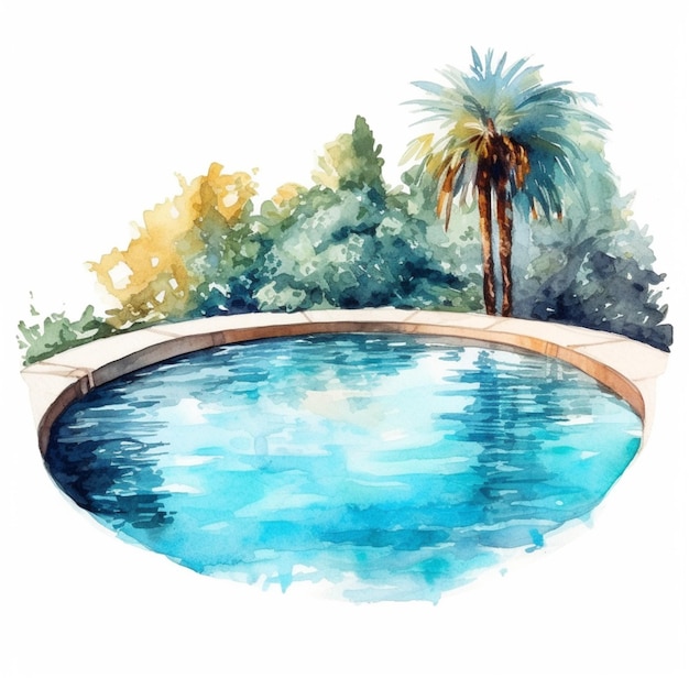 Pintura de una piscina con una palmera y un banco ai generativo