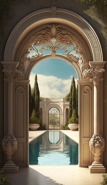 Una pintura de una piscina con una piscina en el medio.