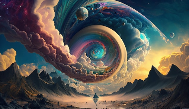Una pintura de un planeta y un barco.