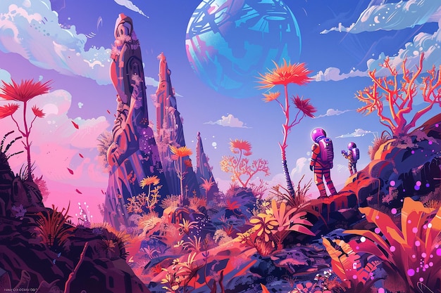 una pintura de un planeta con un cielo azul y un gran planeta azul