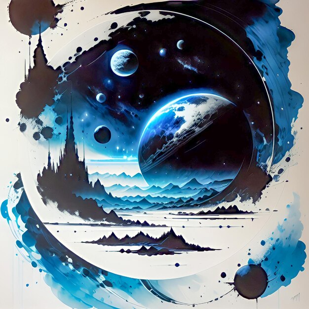 Una pintura de un planeta con un fondo azul y la luna y la luna.