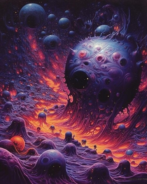 Una pintura de un planeta con una nebulosa y un planeta con muchas bolas.