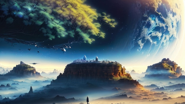 Una pintura de un planeta y una persona en una montaña.