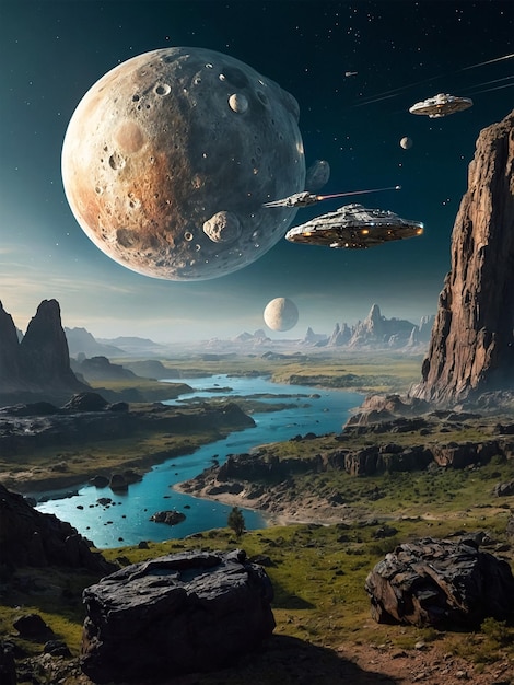 una pintura de un planeta con planetas y un río