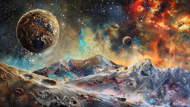 una pintura de un planeta con el universo al fondo