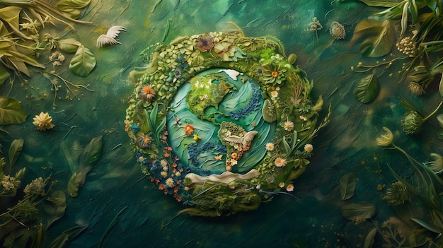 Foto una pintura de un planeta verde con una imagen de un lago y la palabra mundo en él