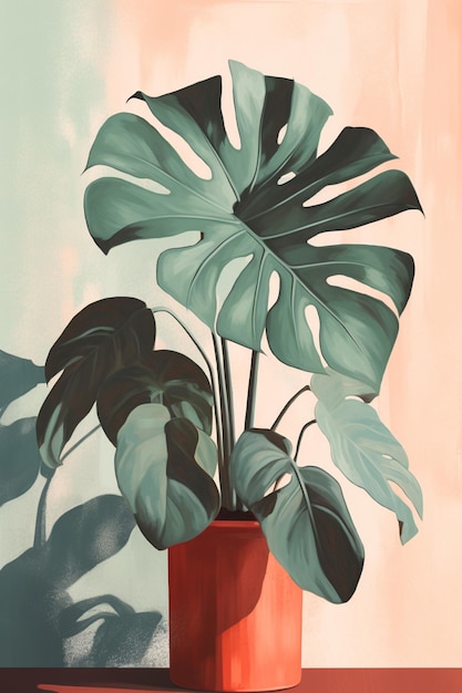 Una pintura de una planta con hojas en una maceta roja.