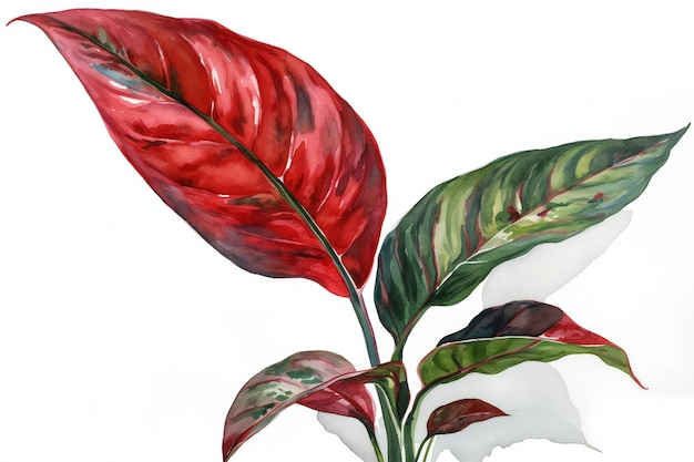 Una pintura de una planta con hojas rojas y verdes.