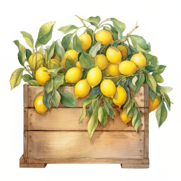 Una pintura de una planta de limón en una caja de madera.
