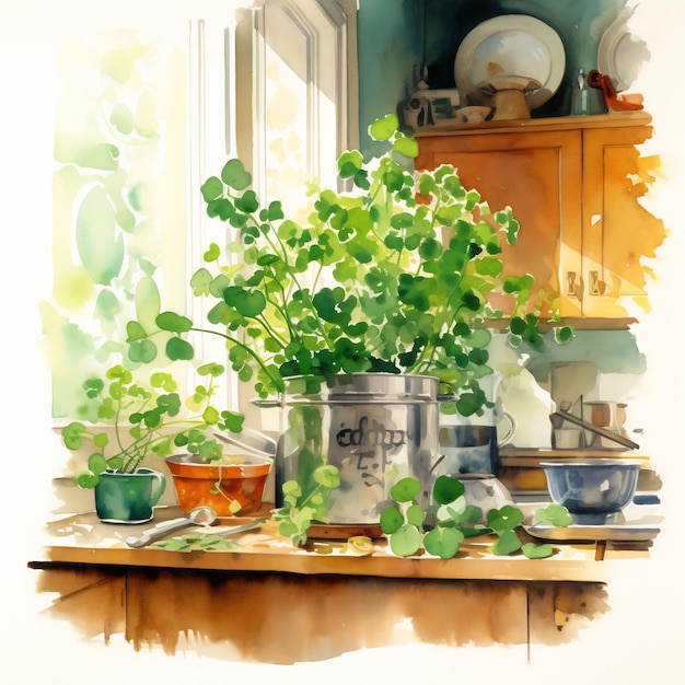 una pintura de una planta en maceta sobre una mesa