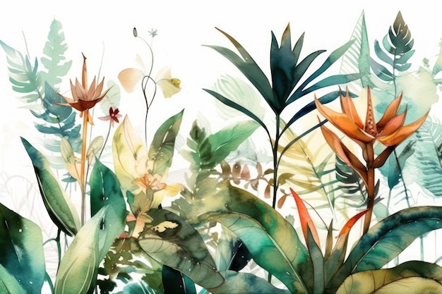 Una pintura de plantas y flores tropicales.