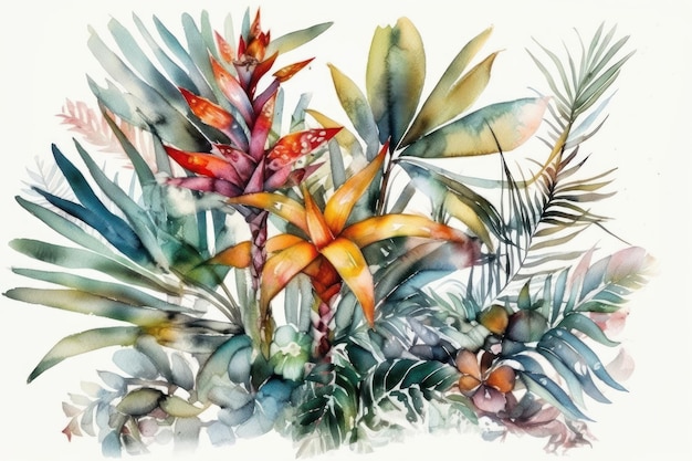 Una pintura de plantas tropicales con flores y hojas.