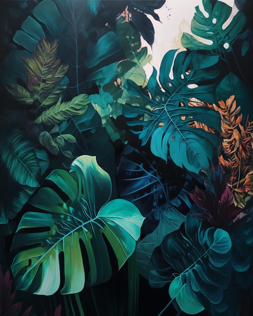 Una pintura de plantas tropicales con hojas verdes y las palabras "tropical" en la parte inferior.