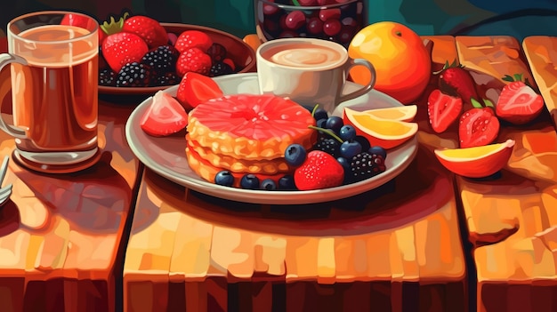 Una pintura de un plato de comida con una taza de café y fruta.