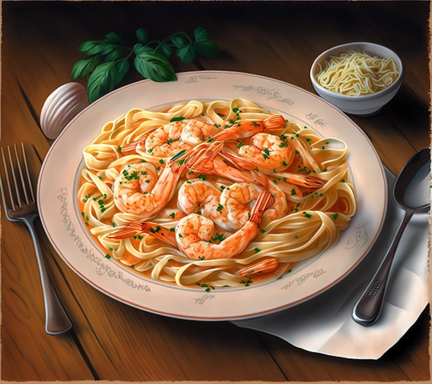 Una pintura de un plato de gambas con fideos y un plato de perejil.