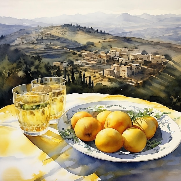 Una pintura de un plato de naranjas y una copa de vino sobre una mesa.