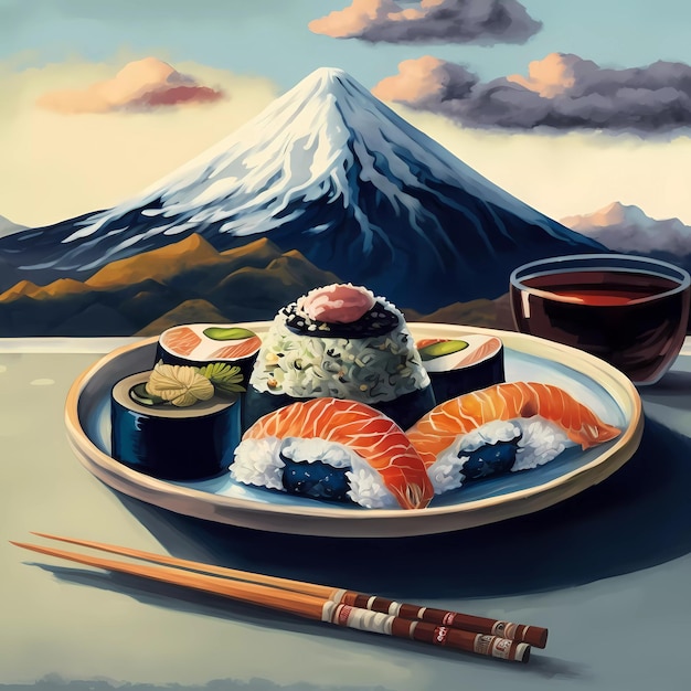 Una pintura de un plato de sushi y palillos.