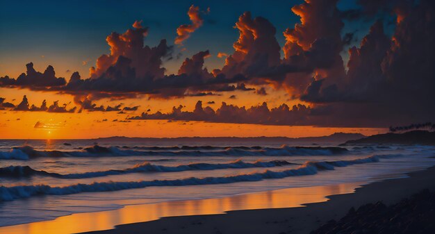 Una pintura de una playa al atardecer con una puesta de sol de fondo.